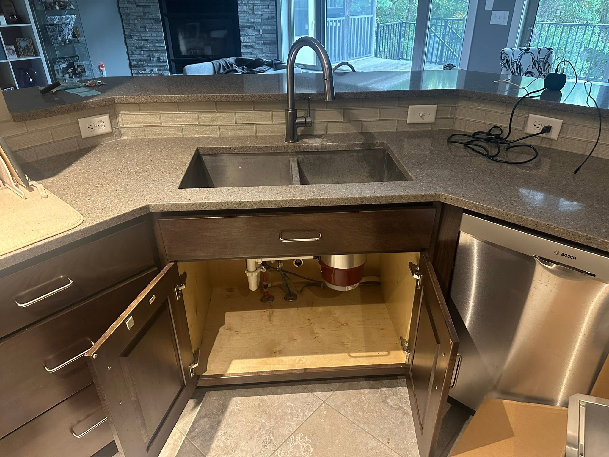 Old kitchen sink and garbage disposal before replacement